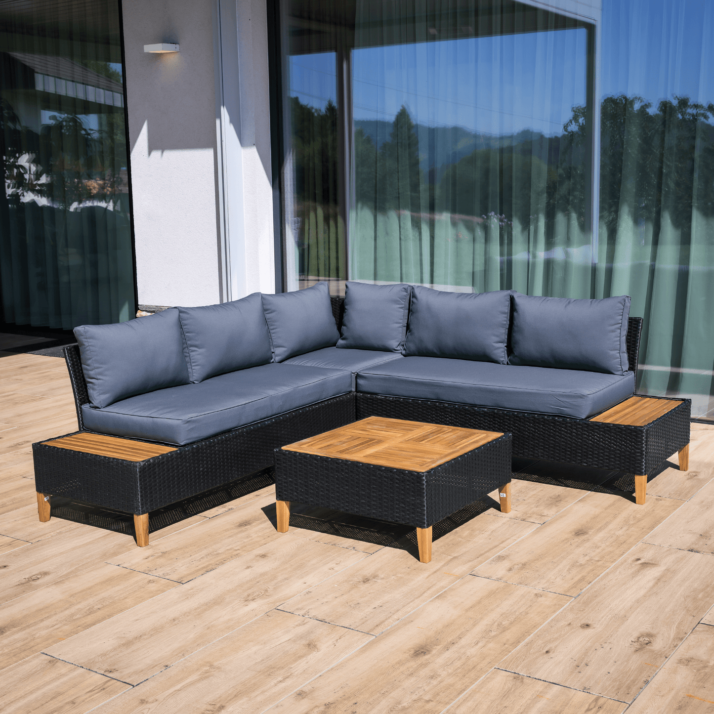 Set de grădină din ratan, lemn de salcâm, negru/gri/natural, MALKOM