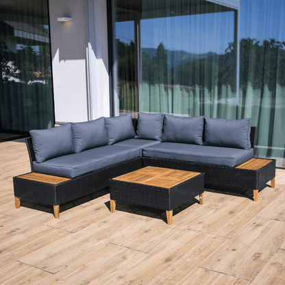 Set de grădină din ratan, lemn de salcâm, negru/gri/natural, MALKOM