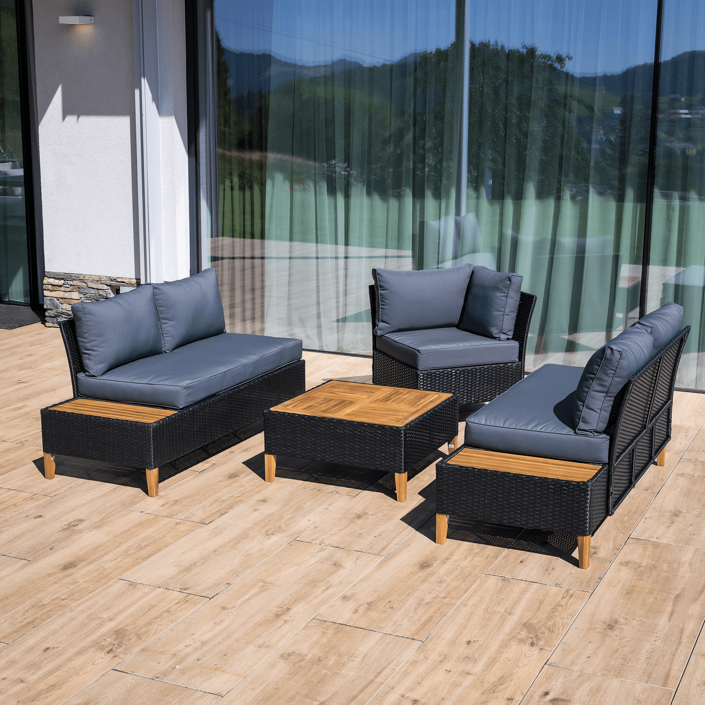 Set de grădină din ratan, lemn de salcâm, negru/gri/natural, MALKOM