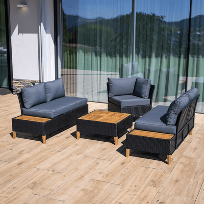 Set de grădină din ratan, lemn de salcâm, negru/gri/natural, MALKOM
