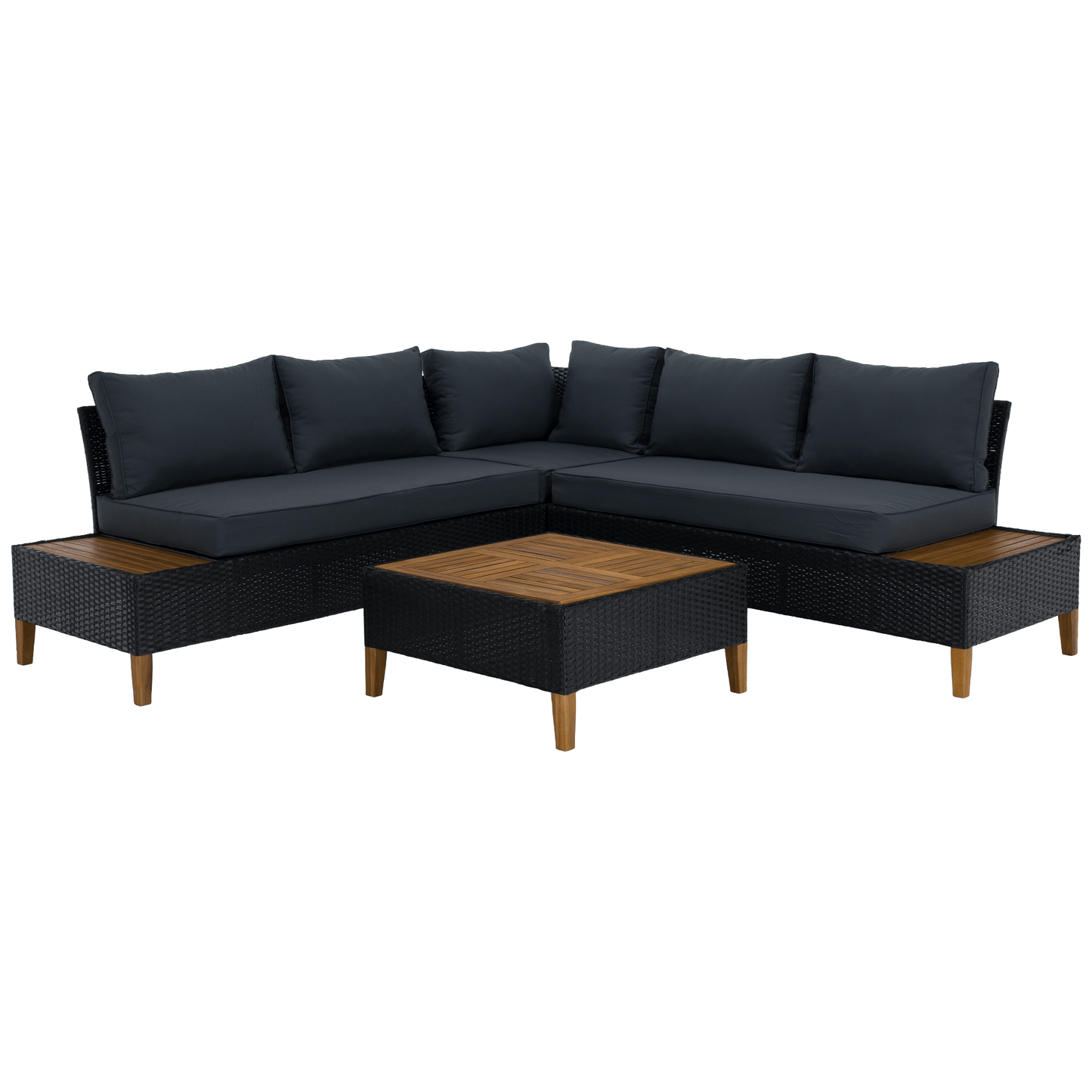 Set de grădină din ratan, lemn de salcâm, negru/gri/natural, MALKOM
