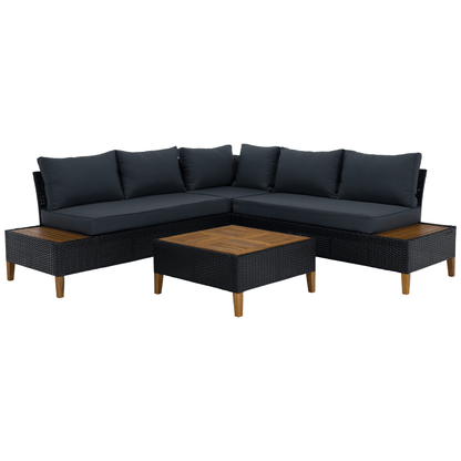 Set de grădină din ratan, lemn de salcâm, negru/gri/natural, MALKOM