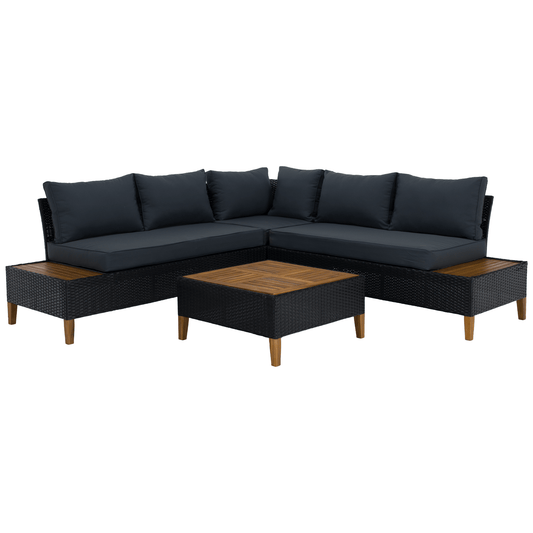 Set de grădină din ratan, lemn de salcâm, negru/gri/natural, MALKOM