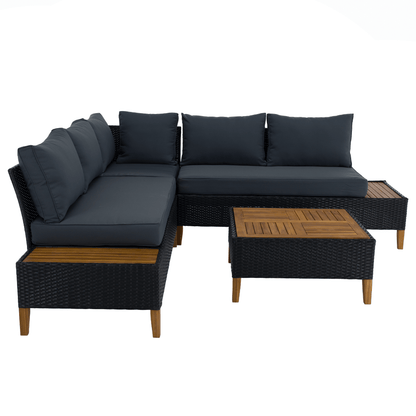 Set de grădină din ratan, lemn de salcâm, negru/gri/natural, MALKOM