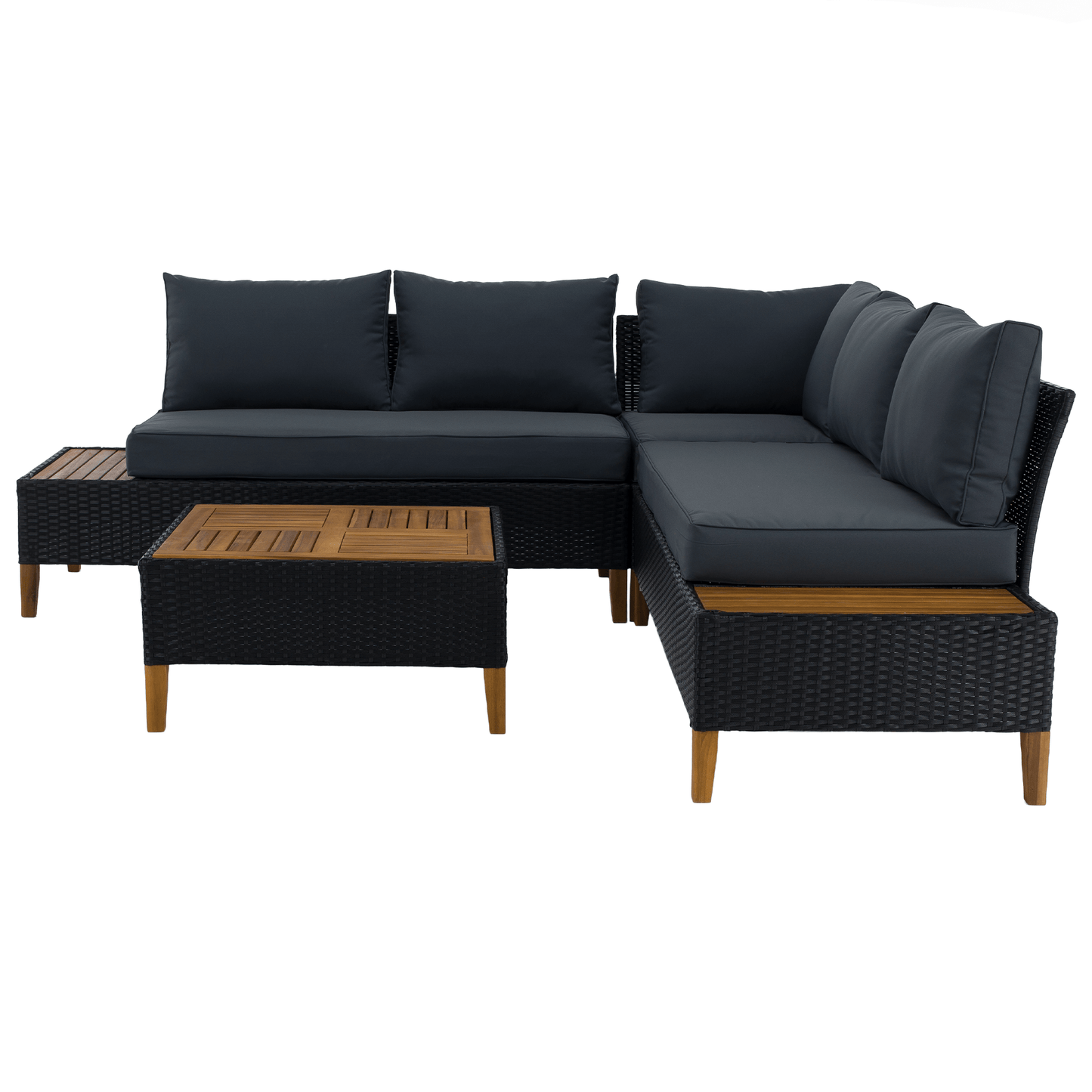 Set de grădină din ratan, lemn de salcâm, negru/gri/natural, MALKOM