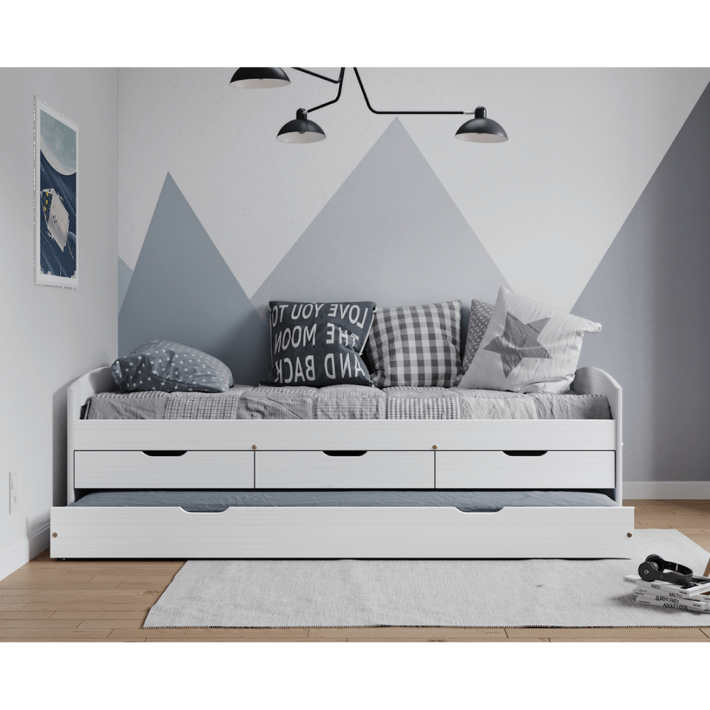 Pat cu pat suplimentar extensibil, alb, lemn masiv, 90x200, MARINELLA NEW