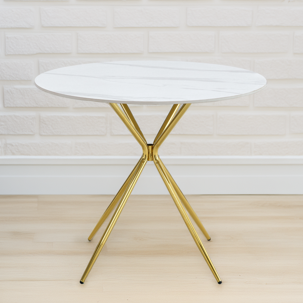Masă de bucătărie, marmură albă/gold crom aurie, diametru 90 cm, MEKNER