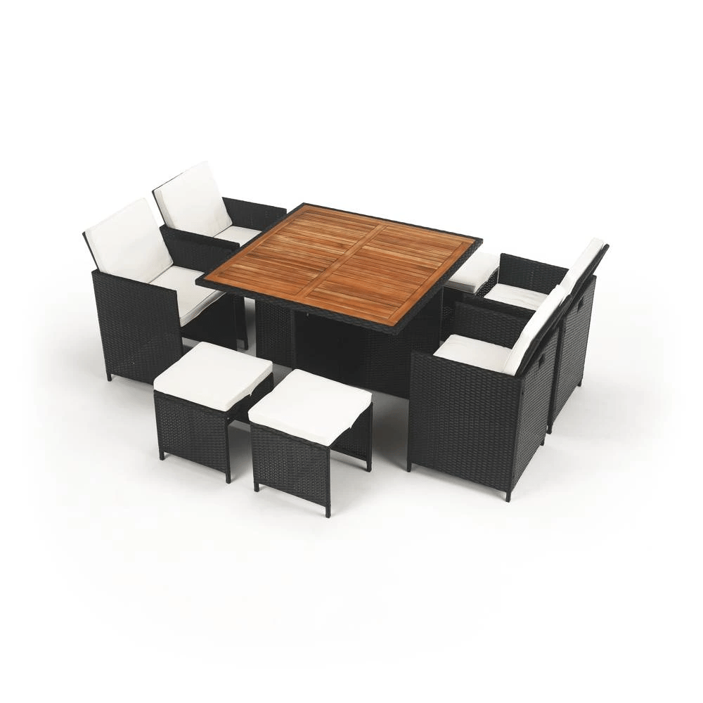 Set de grădină din ratan, lemn de salcâm, negru/crem/natural, MELFORD