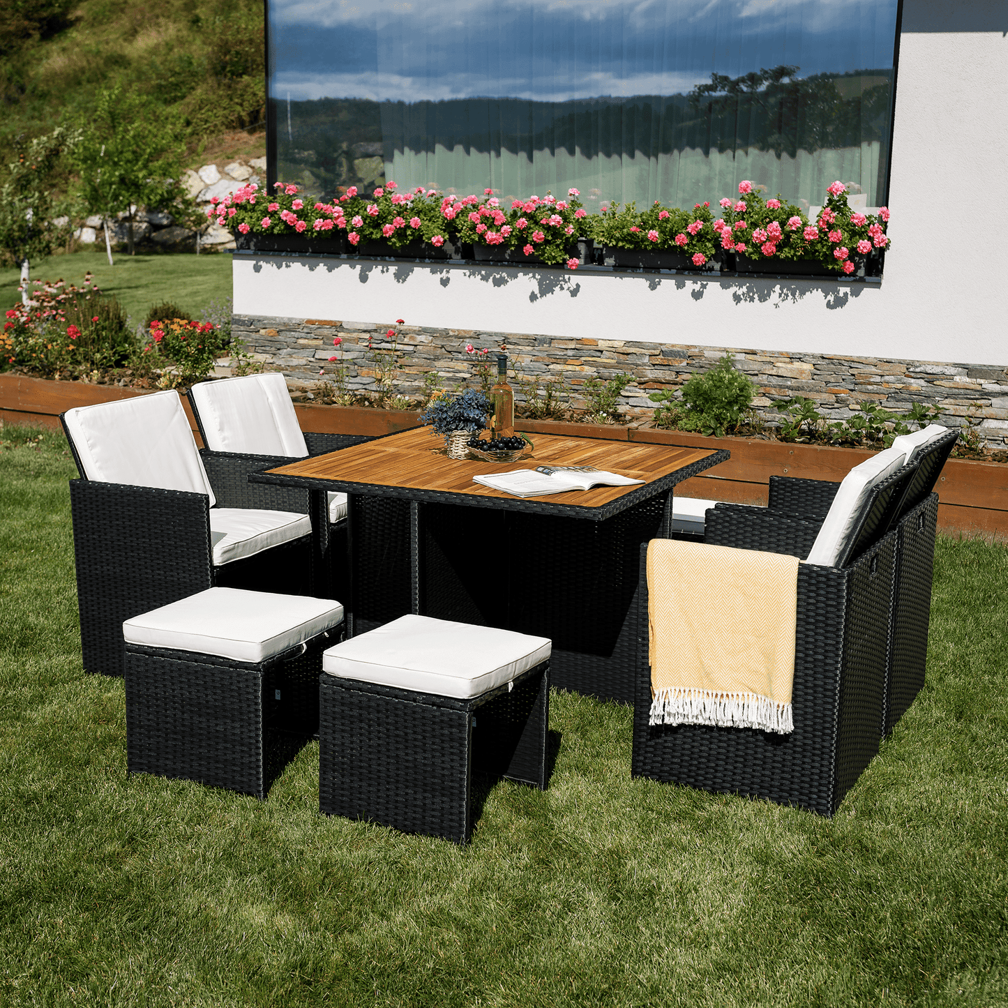 Set de grădină din ratan, lemn de salcâm, negru/crem/natural, MELFORD