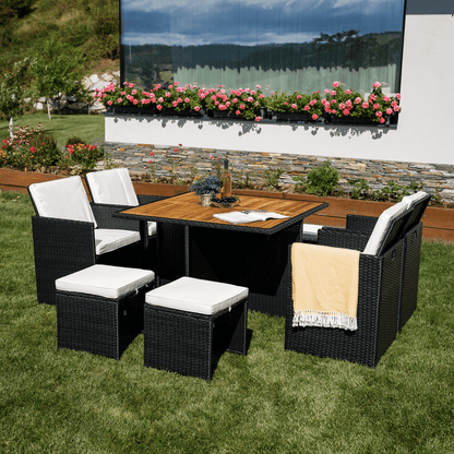 Set de grădină din ratan, lemn de salcâm, negru/crem/natural, MELFORD