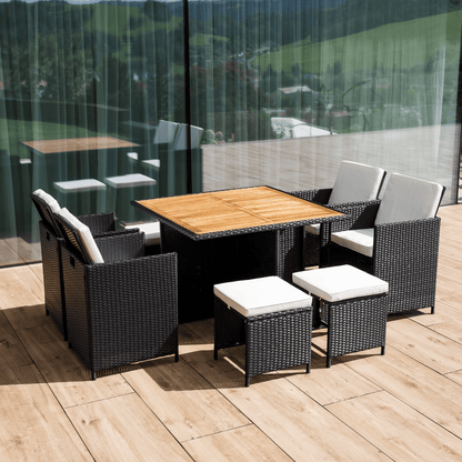 Set de grădină din ratan, lemn de salcâm, negru/crem/natural, MELFORD