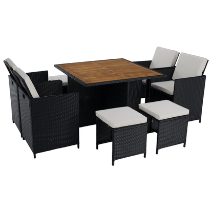 Set de grădină din ratan, lemn de salcâm, negru/crem/natural, MELFORD