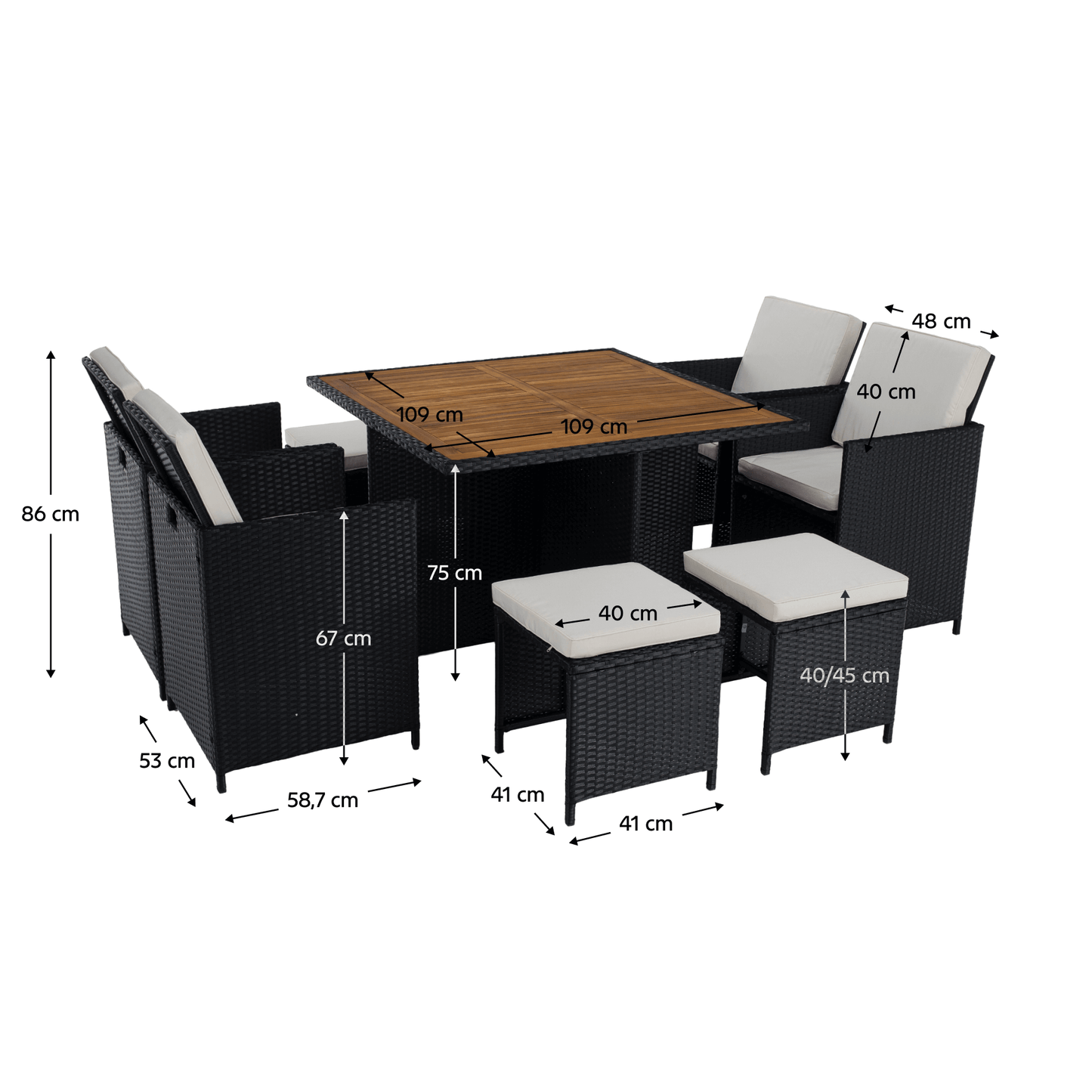 Set de grădină din ratan, lemn de salcâm, negru/crem/natural, MELFORD