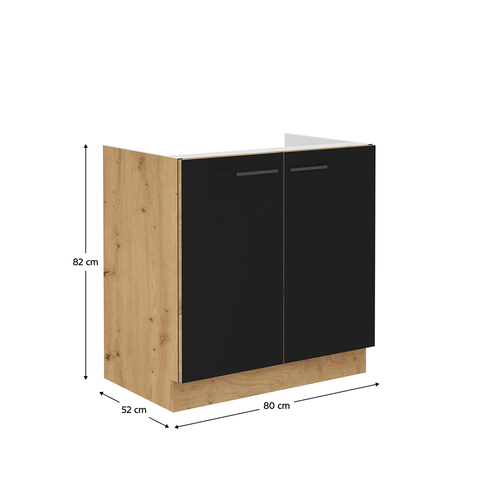 Dulap pentru chiuvetă inferior, negru mat / stejar artizan, MONRO 80ZL 2F BB