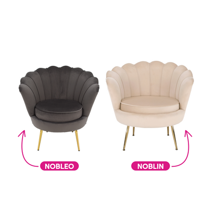 Fotoliu în stil Art-deco, catifea Velvet bej/crom auriu, NOBLIN