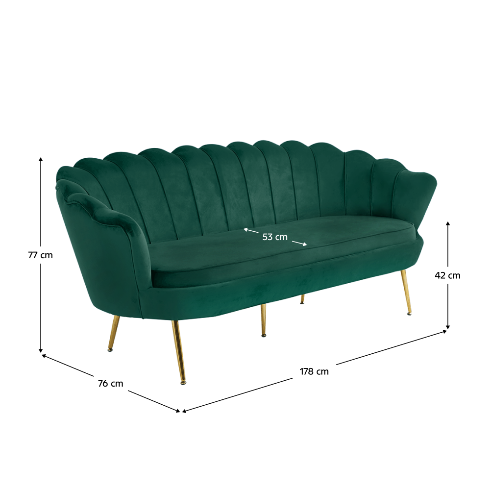 Canapea de lux, 3 locuri, ţesătură de catifea smarald/crom auriu, stil Art-deco, NOBLIN