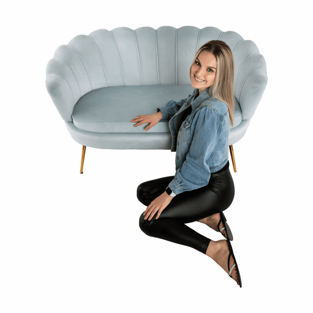 Bancă în stil Art-deco, catifea Velvet gri-albastru/crom auriu, NOBLIN