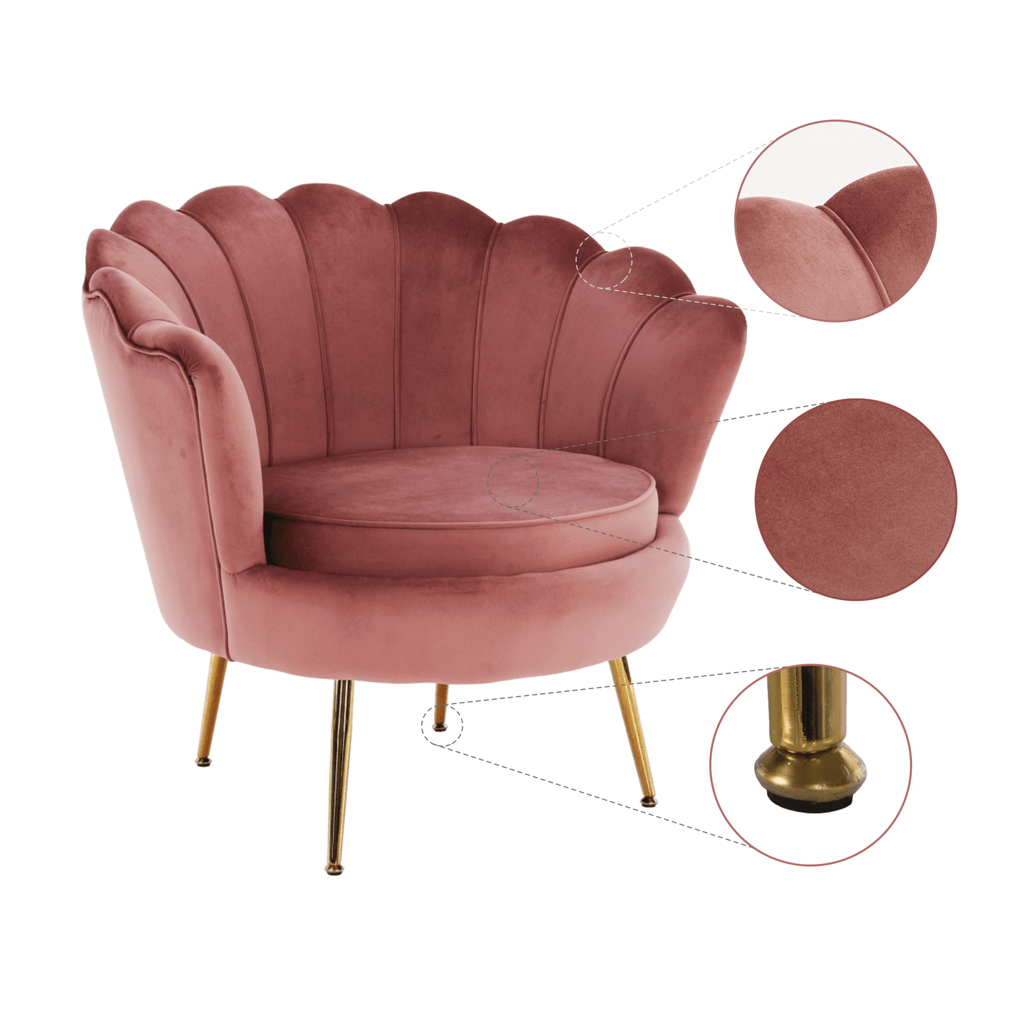 Fotoliu în stil Art-deco, catifea Velvet roz/crom auriu, NOBLIN