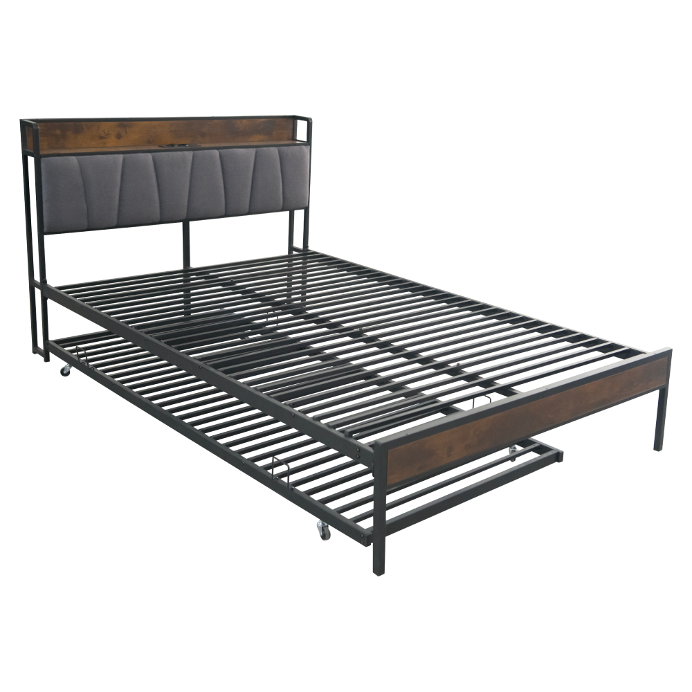 Pat cu pat cu somieră şi pat suplimentar extensibil, 140x200, negru/gri, NORDO