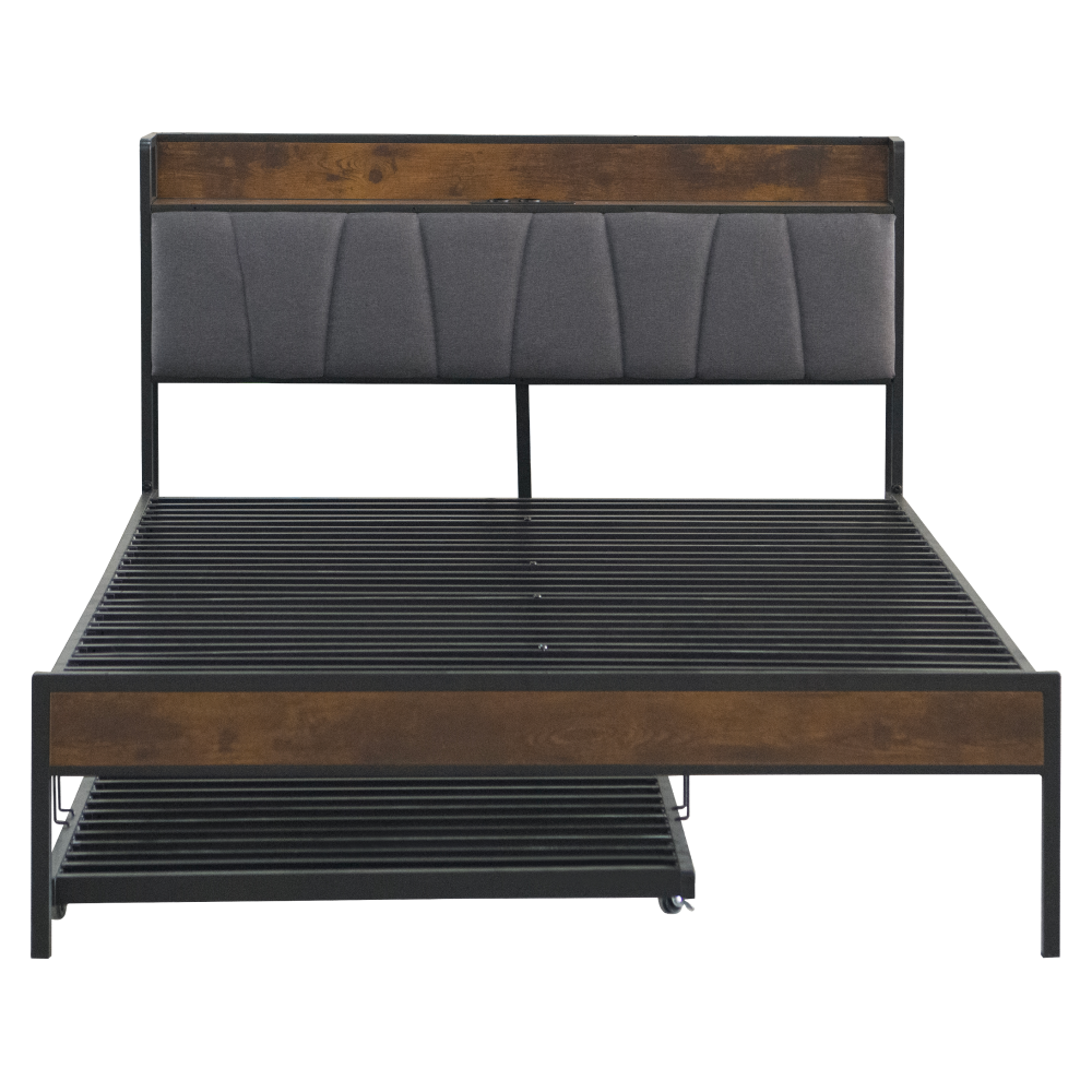 Pat cu pat cu somieră şi pat suplimentar extensibil, 140x200, negru/gri, NORDO