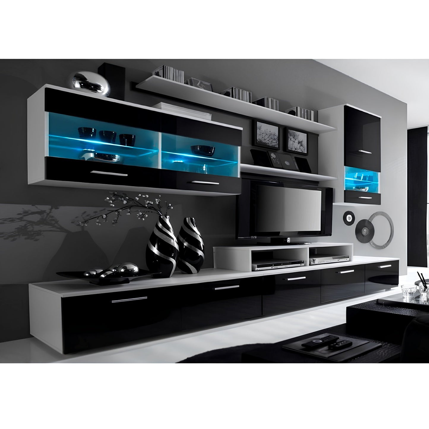 Mobilier living, alb/extra strălucire neagră HG, LEO
