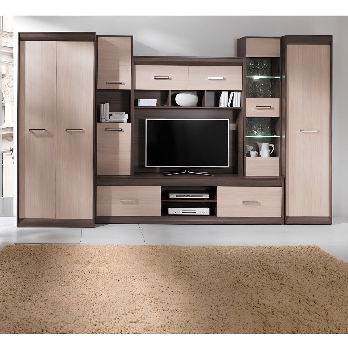 Mobilă de living, PAL/MDF, stejar deschis/stejar închis, KORINA