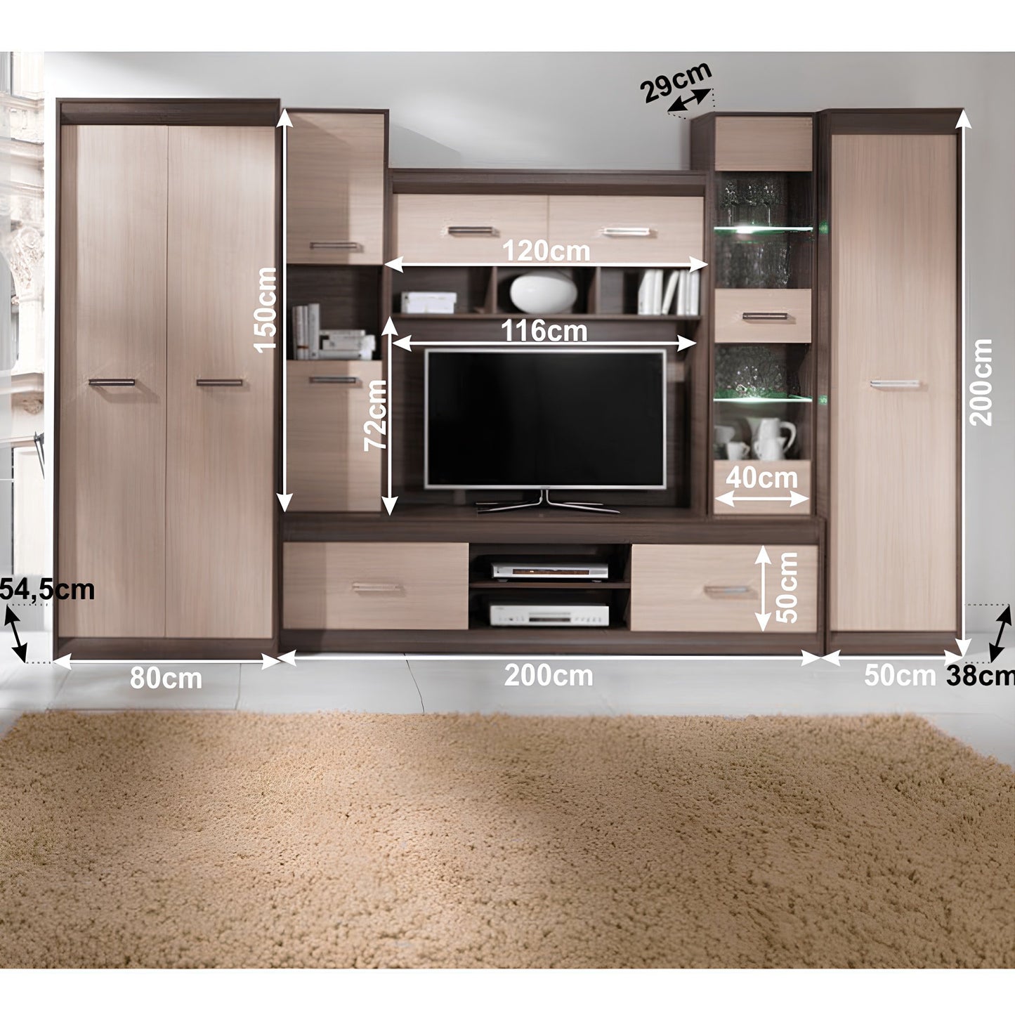 Mobilă de living, PAL/MDF, stejar deschis/stejar închis, KORINA