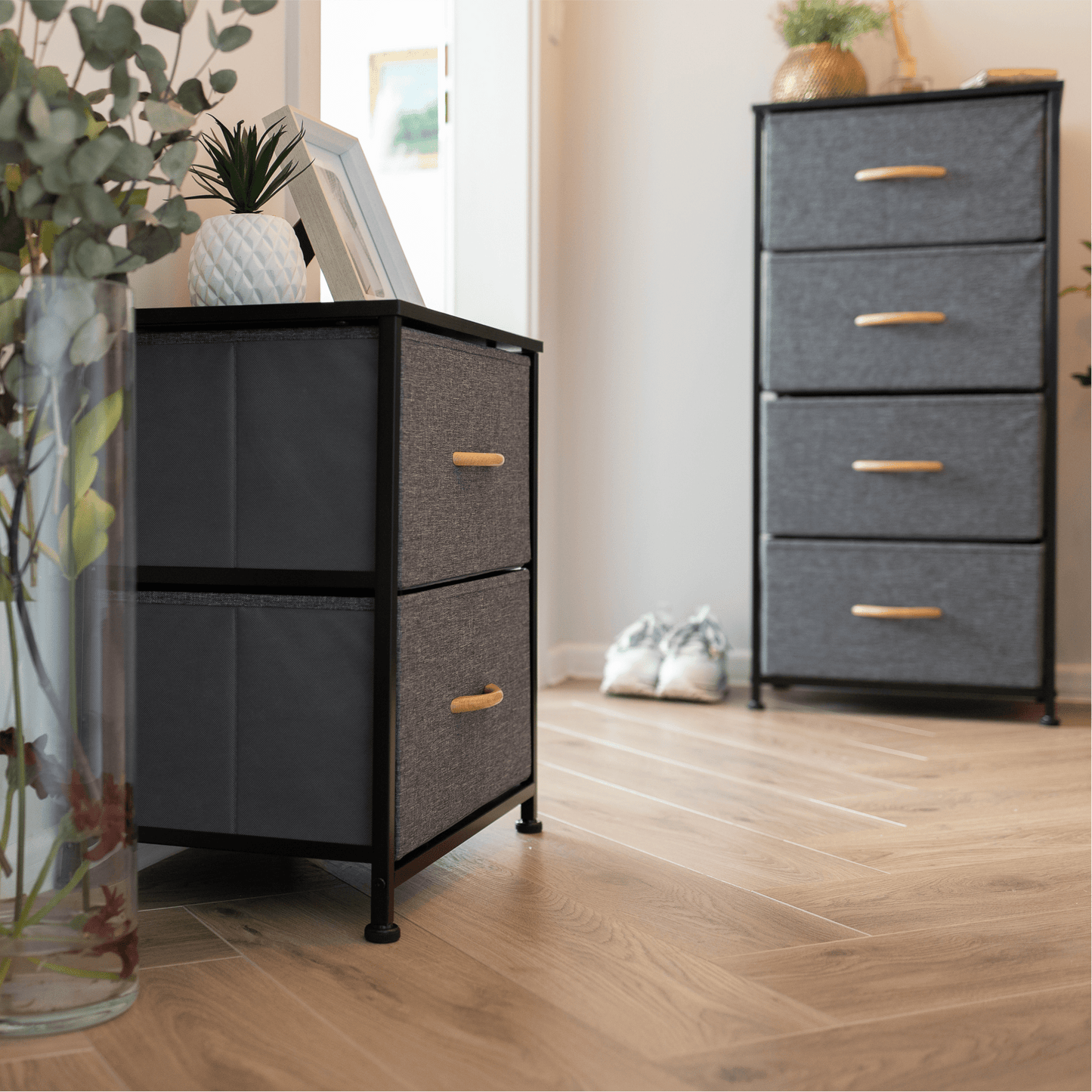 Comodă cu sertare din material textil, negru/gri închis, PALMERA TYP 2