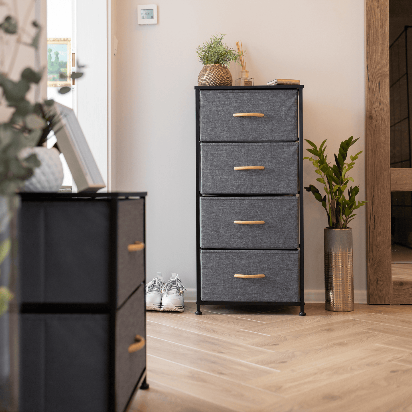 Comodă cu sertare din material textil, negru/gri închis, PALMERA TYP 2