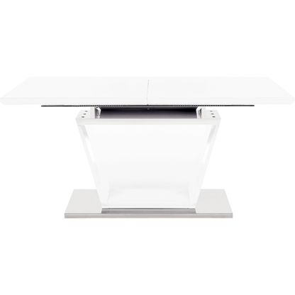 Masă dining, pliabilă, alb luciu extra ridicat / oţel, 160-220x90 cm, PERAK