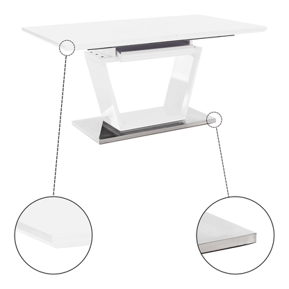 Masă dining, pliabilă, alb luciu extra ridicat / oţel, 160-220x90 cm, PERAK