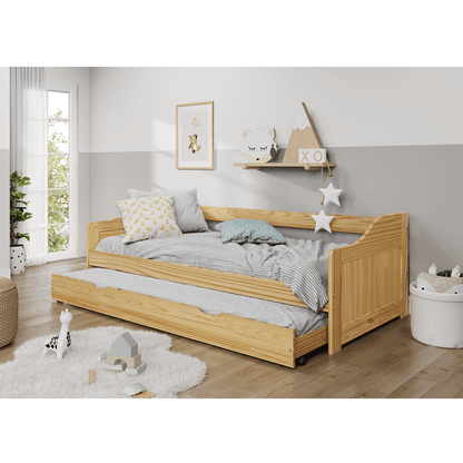 Pat cu pat suplimentar extensibil, natural, din lemn masiv, 90x200, LAURA NEW