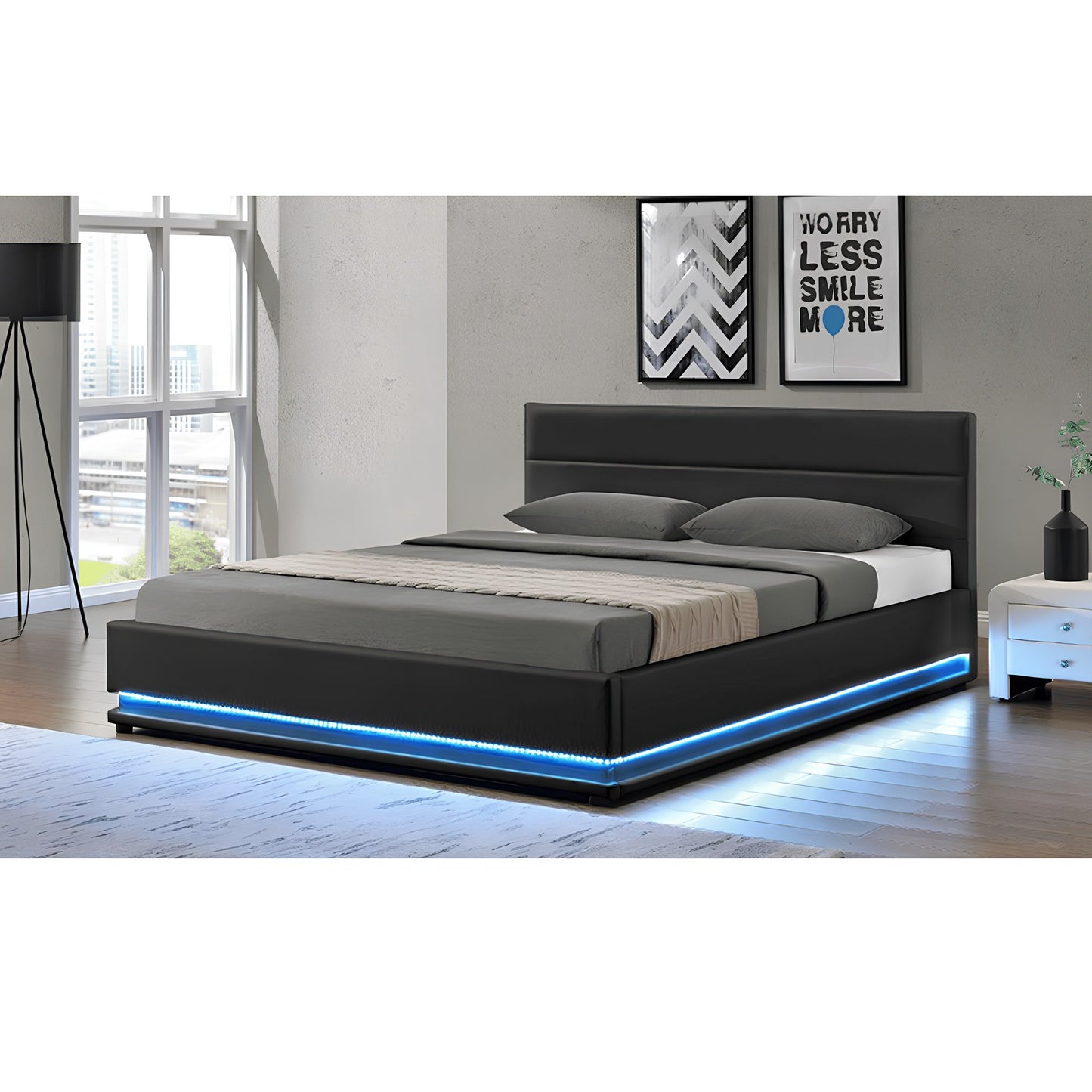 Pat matrimonial cu iluminare LED, negru, 160x200, BIRGET NEW