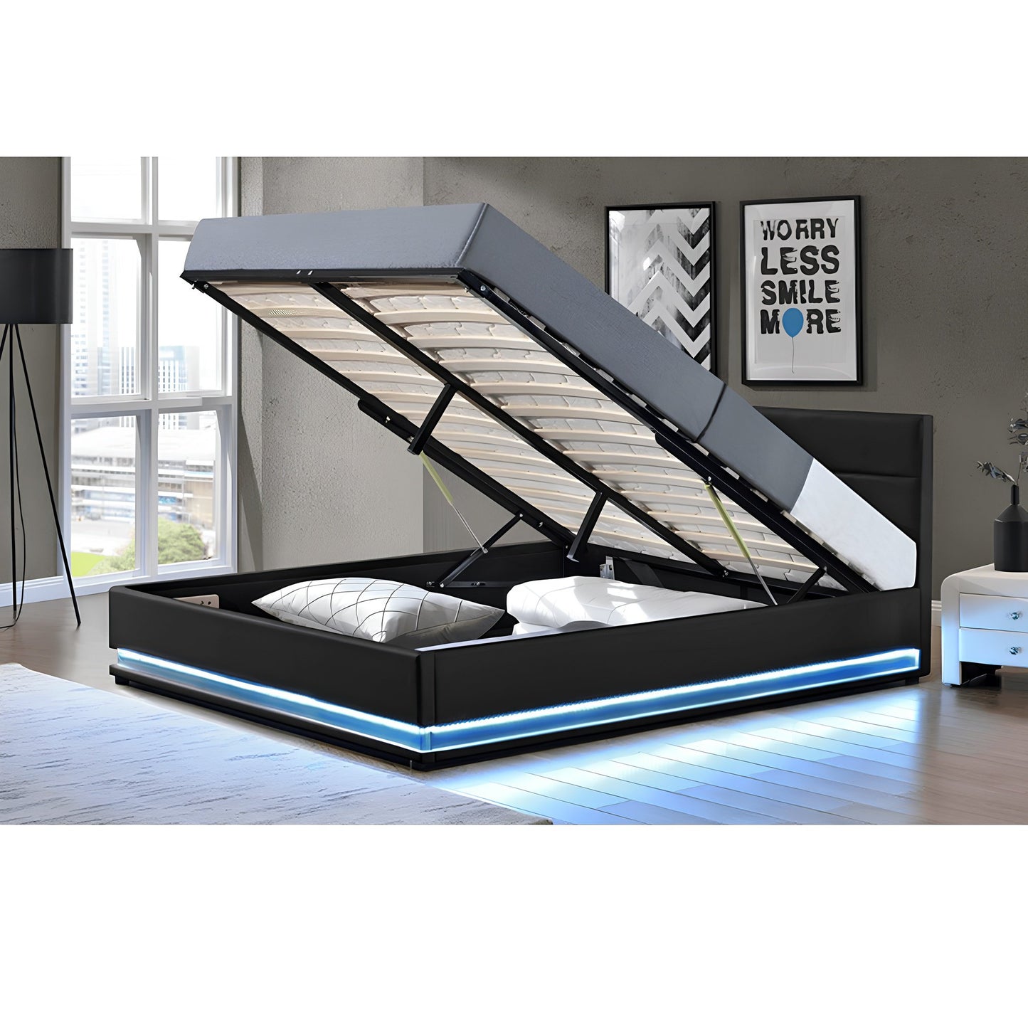 Pat matrimonial cu iluminare LED, negru, 160x200, BIRGET NEW