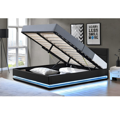 Pat matrimonial cu iluminare LED, negru, 160x200, BIRGET NEW