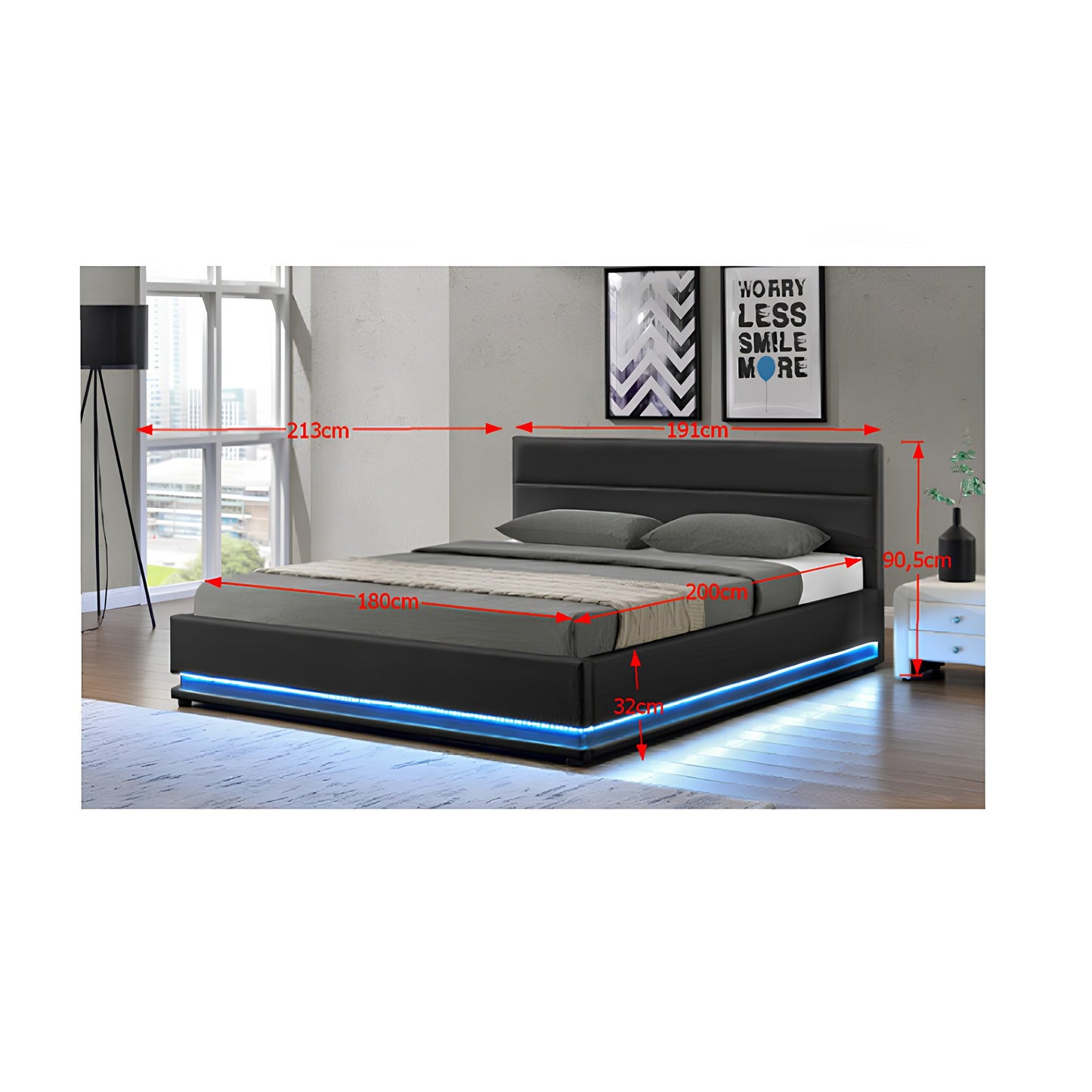 Mat matrimonial cu iluminat alb, negru, 180x200, BIRGET NEW