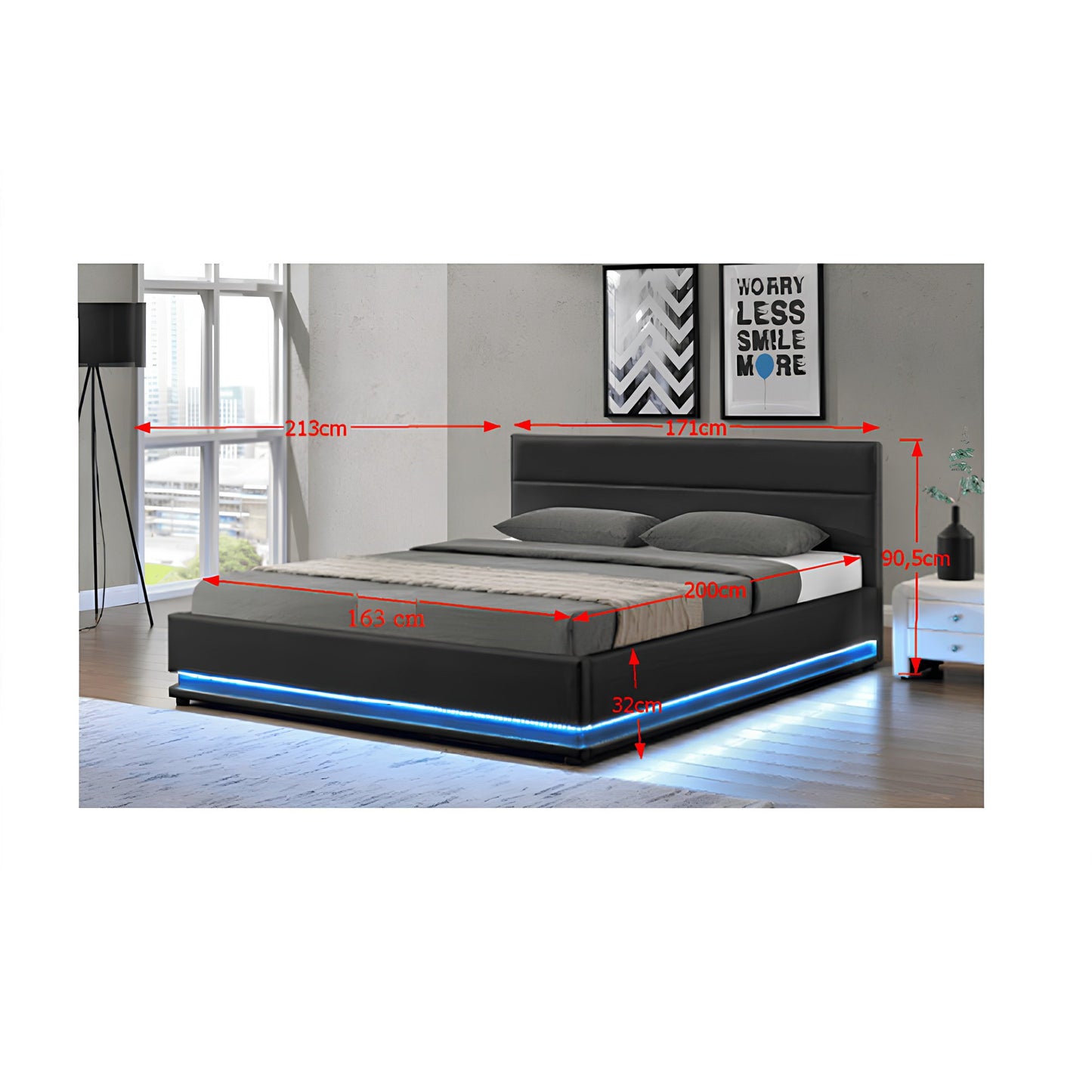 Pat matrimonial cu iluminare LED, negru, 160x200, BIRGET NEW