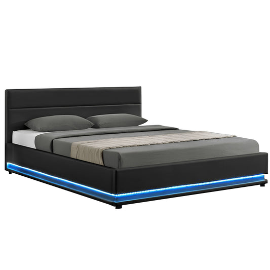Pat matrimonial cu iluminare LED, negru, 160x200, BIRGET NEW