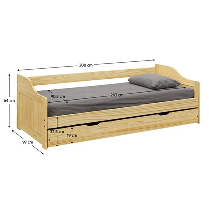 Pat cu pat suplimentar extensibil, natural, din lemn masiv, 90x200, LAURA NEW
