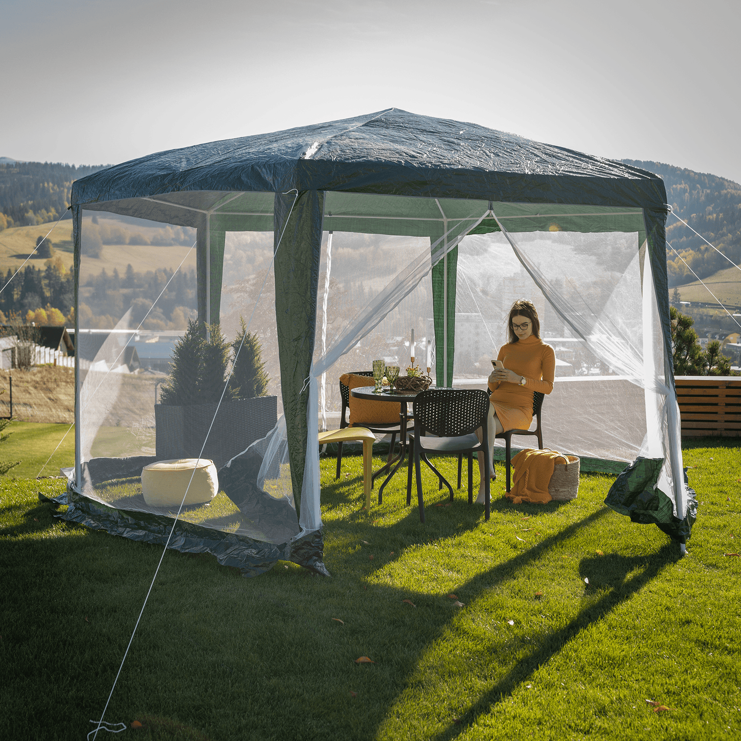 Pavilion cort pentru grădină, 3,9x2,5x3,9m, verde / alb, RINGE TIP 1 6 laturi