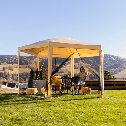 Pavilion cort pentru grădină, 3,9x2,5x3,9m, bej / negru, RINGE TIP 2 + 6 laturi