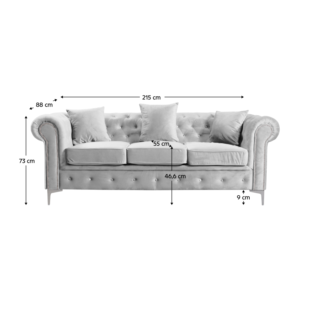 Canapea de lux 3 locuri, stofă gri deschis Velvet, ROMANO