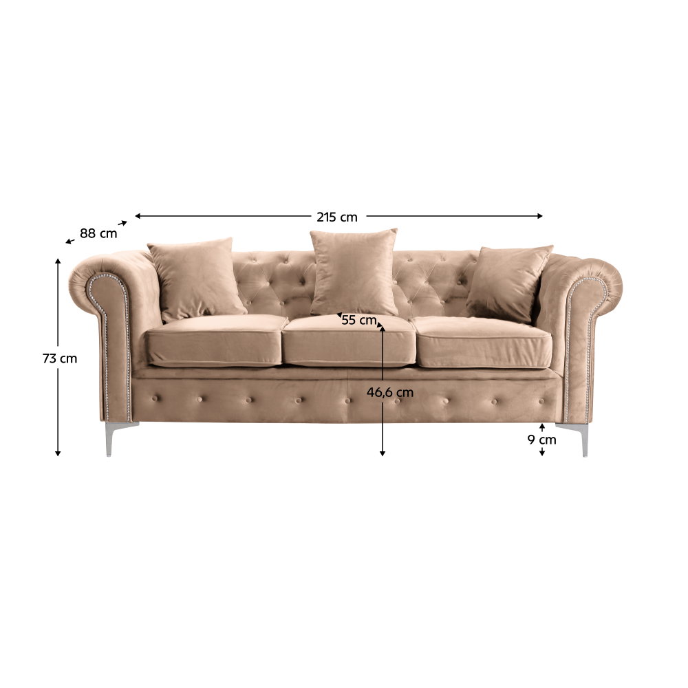 Canapea de lux 3 locuri, maro deschis, stofă maro deschis Velvet, ROMANO