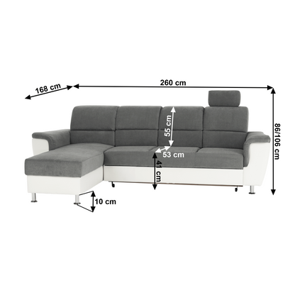 Colţar mic, piele ecologică alb/material textil gri, model stânga, SANTIAGO