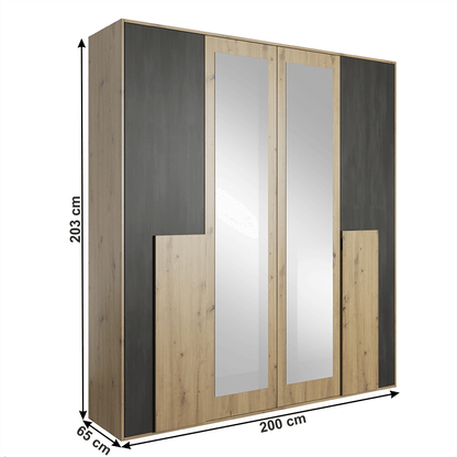 Dulap cu oglindă 4D, stejar artizanal/pin norvegian negru, BAFRA