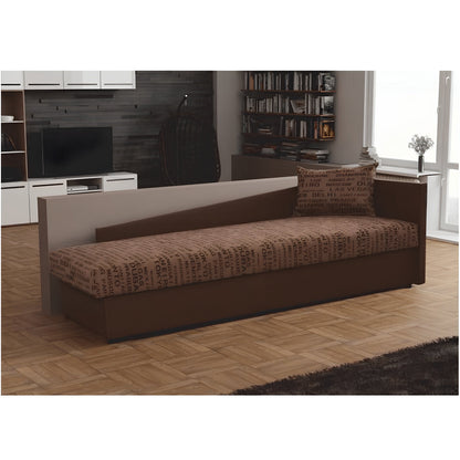 Pat cu spaţiu pentru depozitare, piele eco maro/material cu imprimeu, dreapta, JUDIT