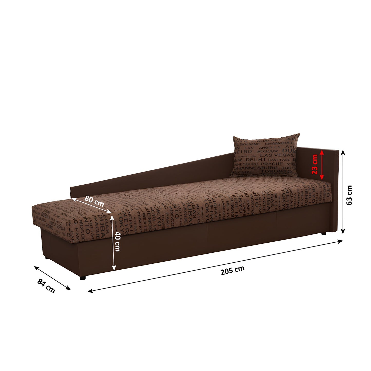 Pat cu spaţiu pentru depozitare, piele eco maro/material cu imprimeu, dreapta, JUDIT