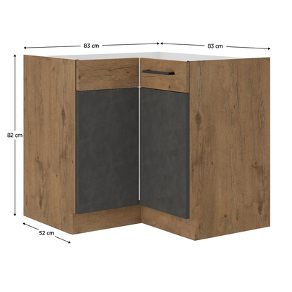 Dulap inferior de colţ, gri mat/stejar lancelot, VEGA 90x90 DN 1F BB